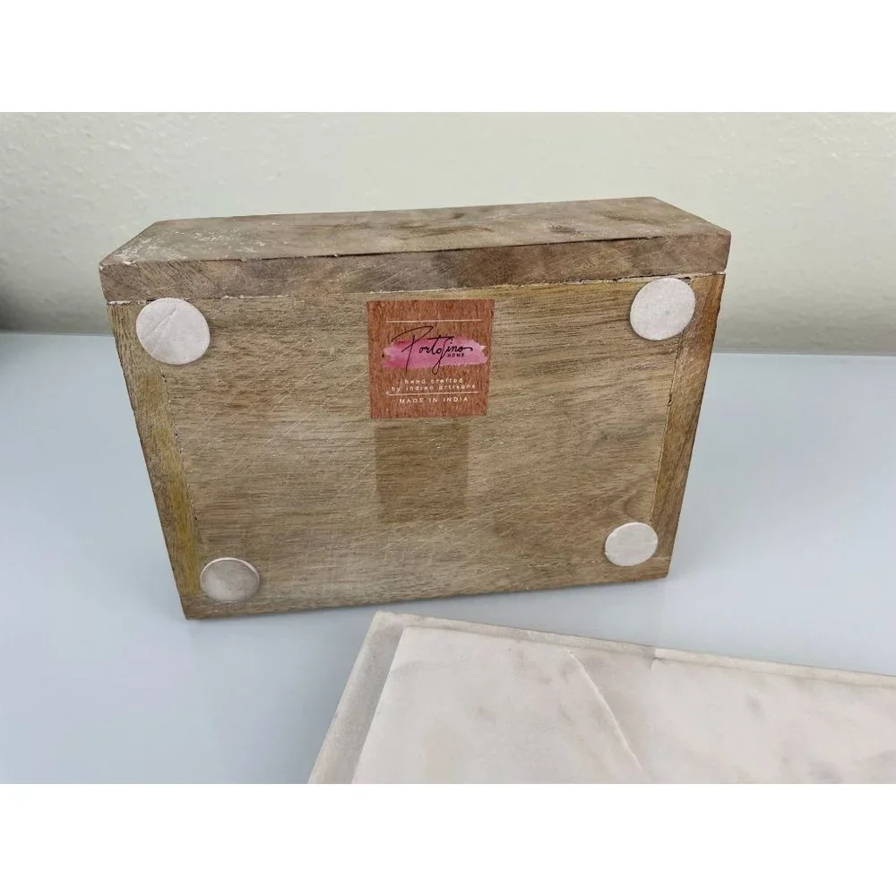 Portofino Home Marble Top Wooden Trinket Jewelry Box Made in India Decor White